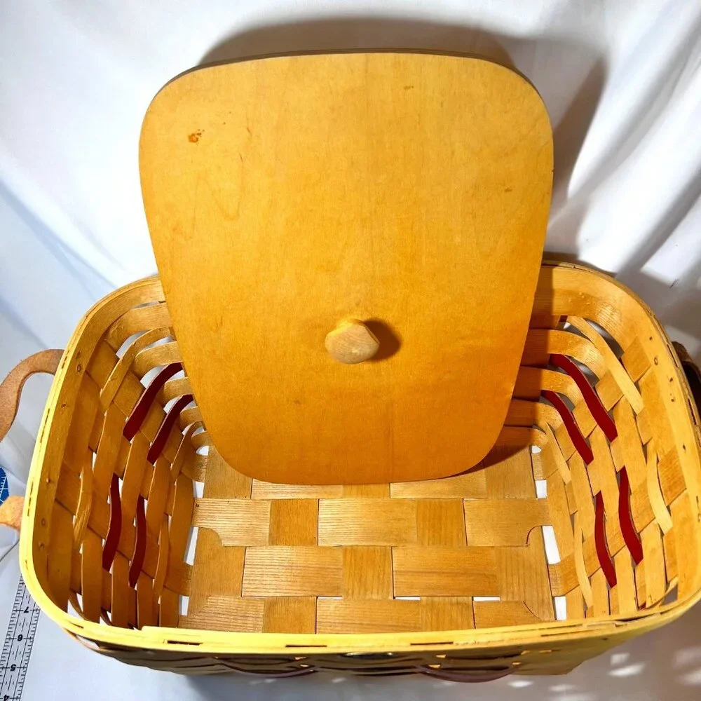 Peterboro Woven Basket Co. 1854-Picnic/Storage-W/Lid-Retired Tan/Red-Hand Made
